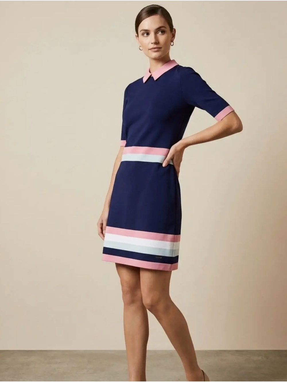 Ted Baker Navy Dress with Pink and White Stripe Details size 3 US 8 Medium